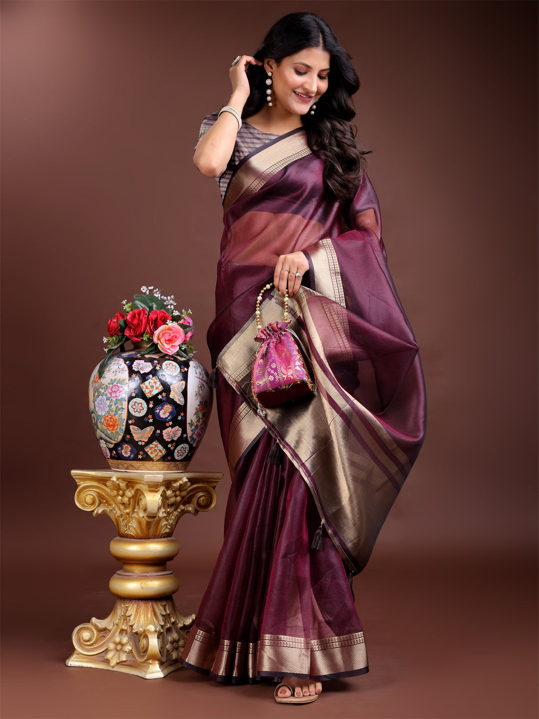 Shree Shyam Fashion Purple Organza Woven Zari Work Traditional Tassel Saree