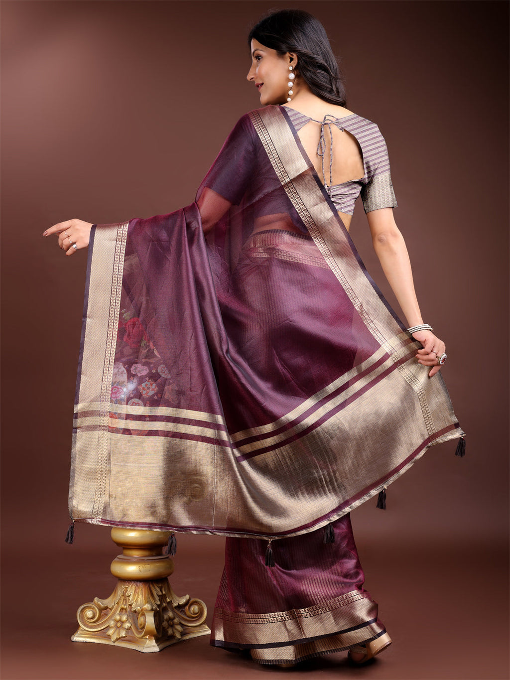 Shree Shyam Fashion Purple Organza Woven Zari Work Traditional Tassel Saree
