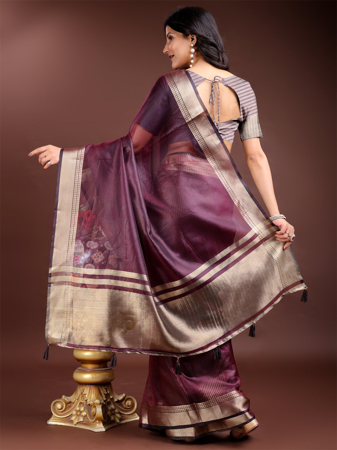 Shree Shyam Fashion Purple Organza Woven Zari Work Traditional Tassel Saree