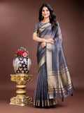 Shree Shyam Fashion Grey Organza Woven Zari Work Traditional Tassel Saree