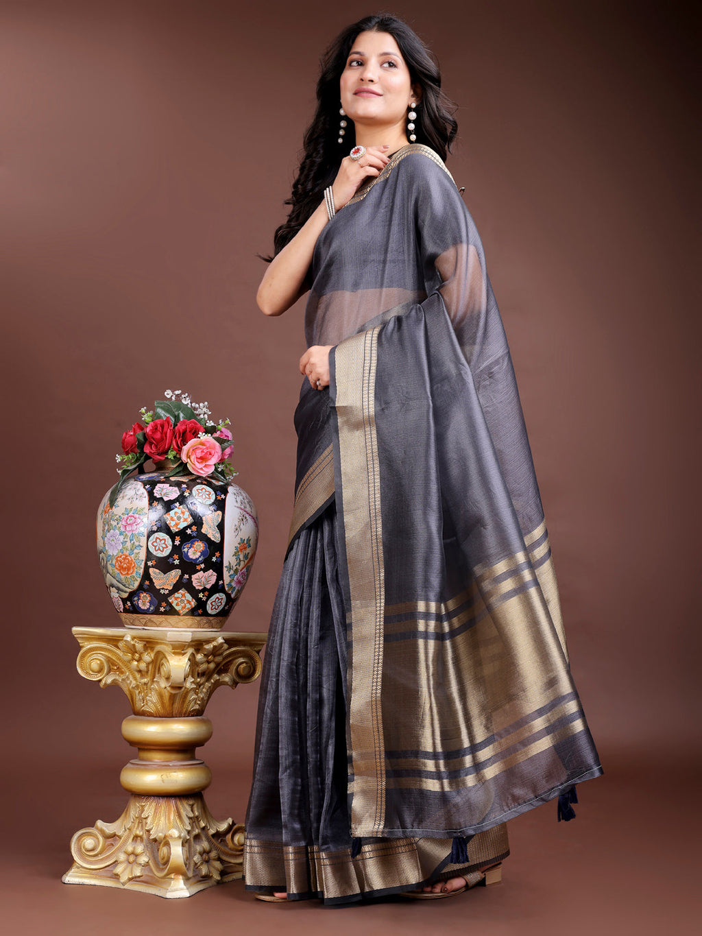 Shree Shyam Fashion Grey Organza Woven Zari Work Traditional Tassel Saree