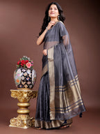 Shree Shyam Fashion Grey Organza Woven Zari Work Traditional Tassel Saree