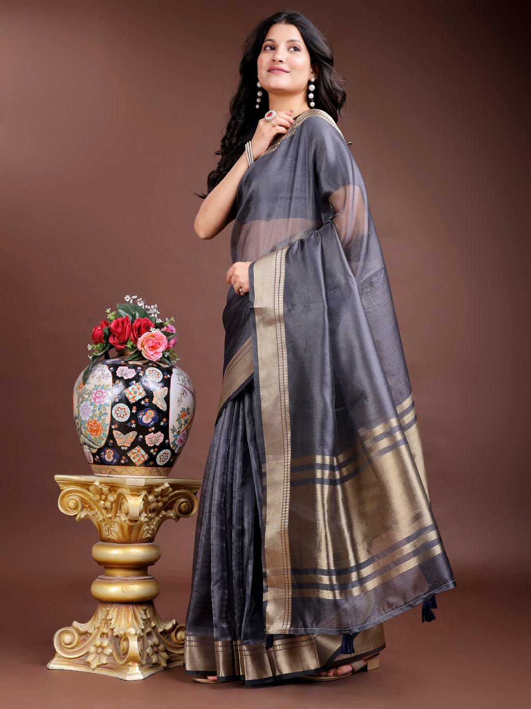Shree Shyam Fashion Grey Organza Woven Zari Work Traditional Tassel Saree