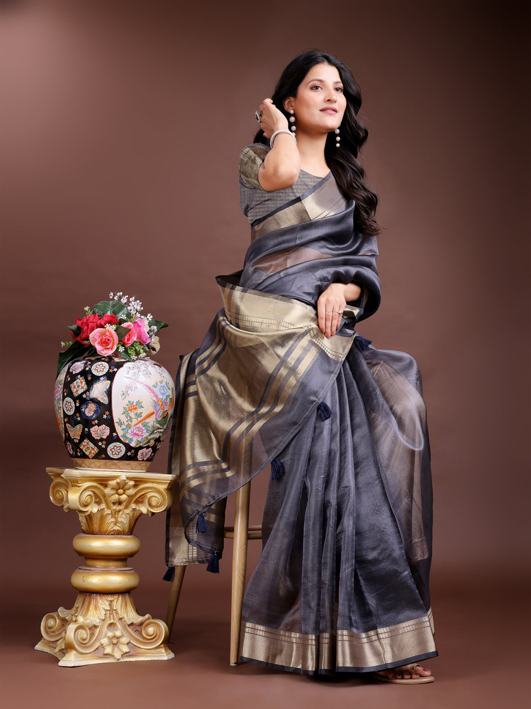 Shree Shyam Fashion Grey Organza Woven Zari Work Traditional Tassel Saree