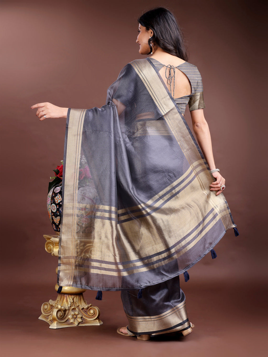 Shree Shyam Fashion Grey Organza Woven Zari Work Traditional Tassel Saree