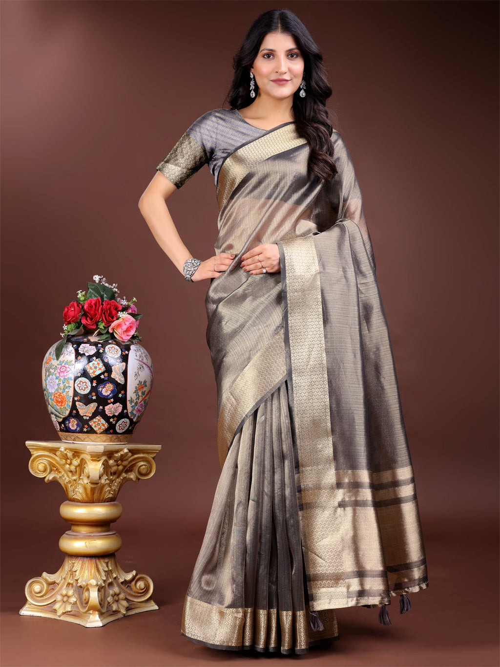 Shree Shyam Fashion Grey Organza Woven Zari Work Traditional Tassel Saree