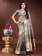 Shree Shyam Fashion Grey Organza Woven Zari Work Traditional Tassel Saree
