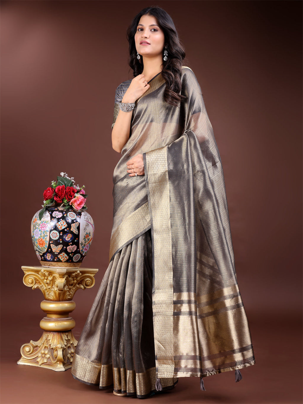 Shree Shyam Fashion Grey Organza Woven Zari Work Traditional Tassel Saree