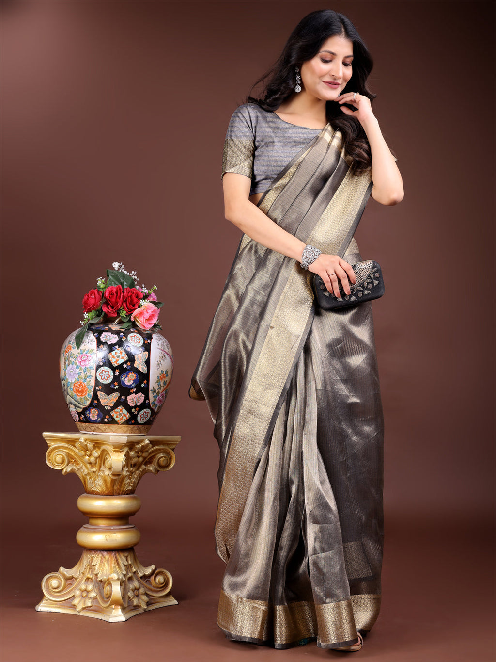 Shree Shyam Fashion Grey Organza Woven Zari Work Traditional Tassel Saree