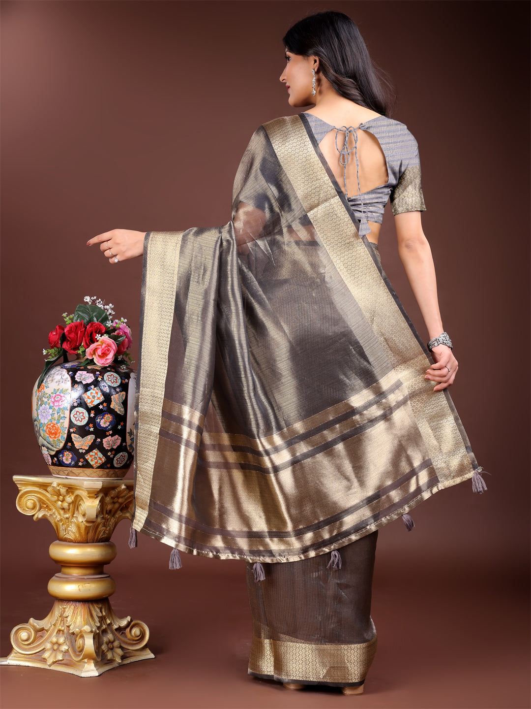 Shree Shyam Fashion Grey Organza Woven Zari Work Traditional Tassel Saree