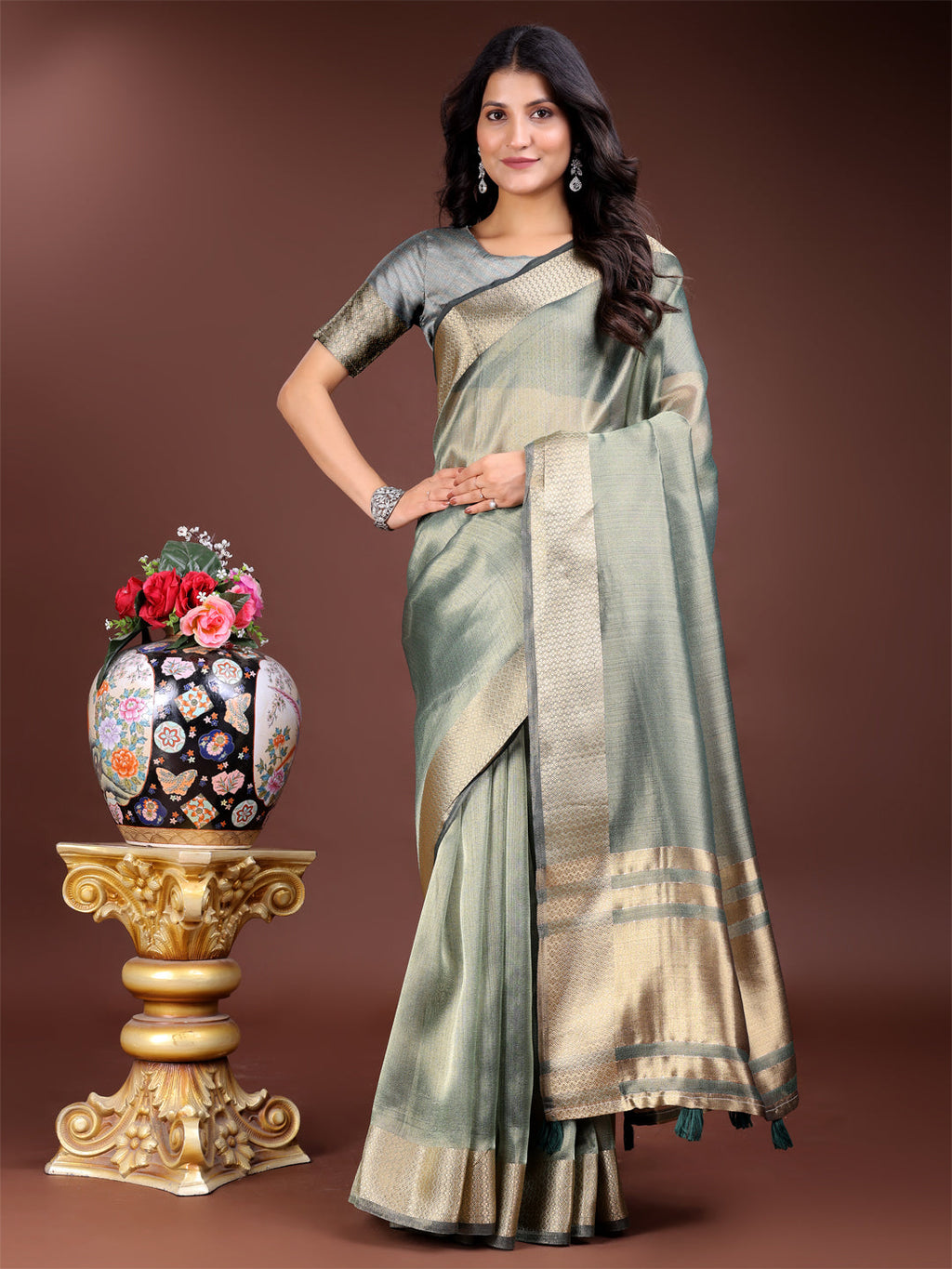 Shree Shyam Fashion Sea Green Organza Woven Zari Work Traditional Tassel Saree