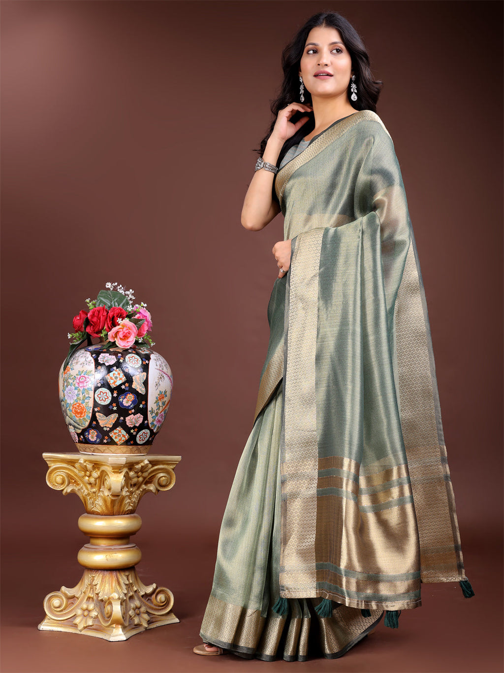 Shree Shyam Fashion Sea Green Organza Woven Zari Work Traditional Tassel Saree