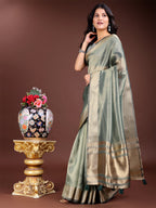 Shree Shyam Fashion Sea Green Organza Woven Zari Work Traditional Tassel Saree