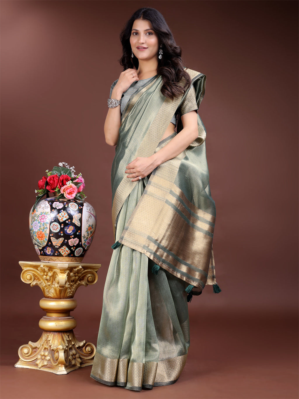 Shree Shyam Fashion Sea Green Organza Woven Zari Work Traditional Tassel Saree