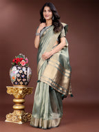 Shree Shyam Fashion Sea Green Organza Woven Zari Work Traditional Tassel Saree