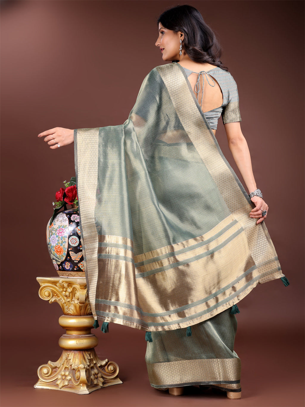 Shree Shyam Fashion Sea Green Organza Woven Zari Work Traditional Tassel Saree