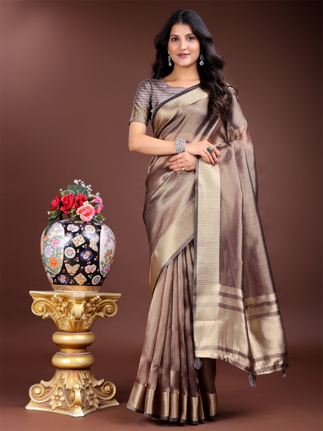 Shree Shyam Fashion Brown Organza Woven Zari Work Traditional Tassel Saree