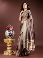 Shree Shyam Fashion Brown Organza Woven Zari Work Traditional Tassel Saree