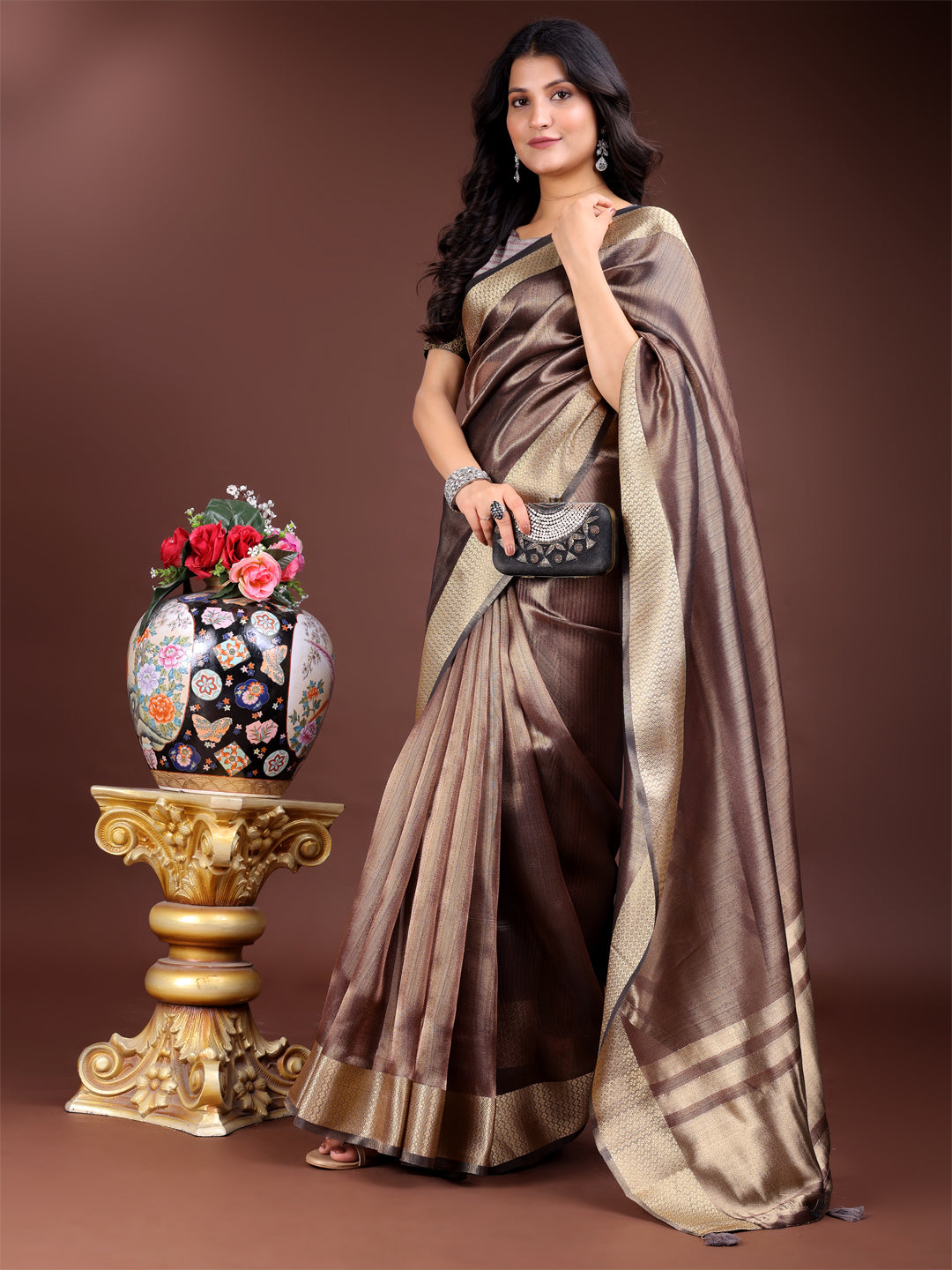Shree Shyam Fashion Brown Organza Woven Zari Work Traditional Tassel Saree