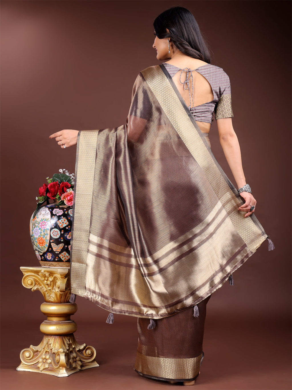 Shree Shyam Fashion Brown Organza Woven Zari Work Traditional Tassel Saree