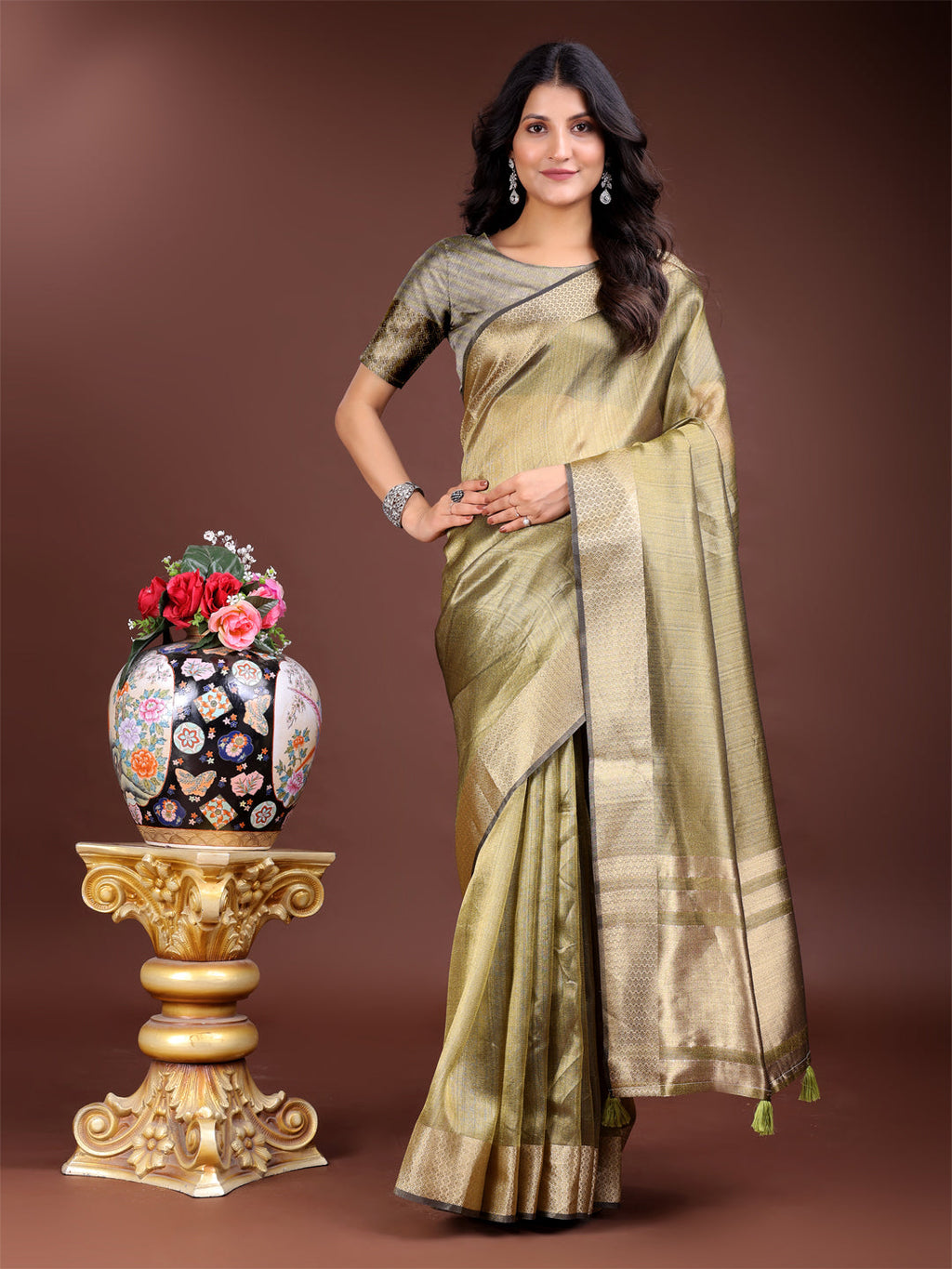 Shree Shyam Fashion Mehndi Green Organza Woven Zari Work Traditional Tassel Saree