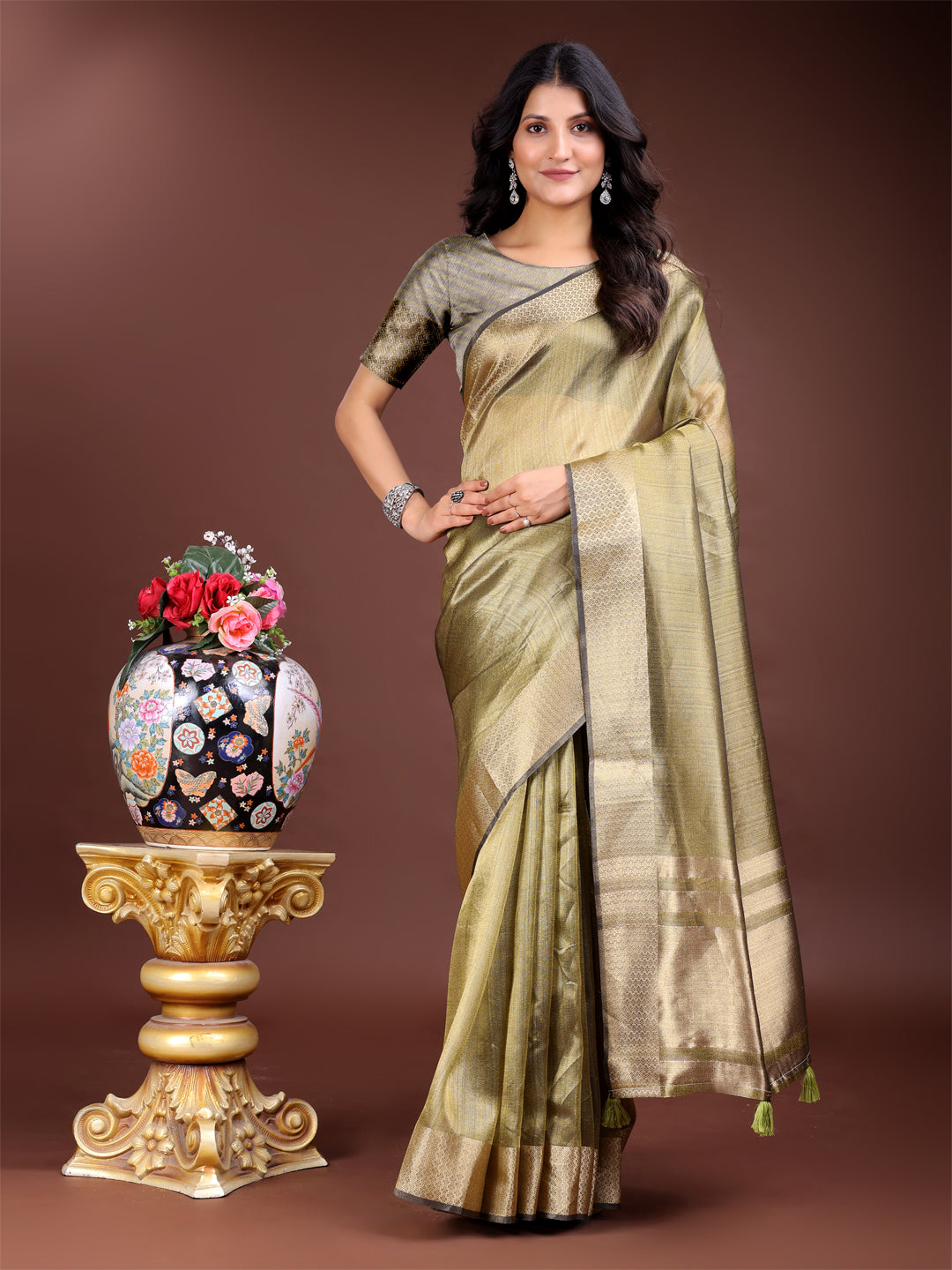 Shree Shyam Fashion Mehndi Green Organza Woven Zari Work Traditional Tassel Saree