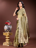 Shree Shyam Fashion Mehndi Green Organza Woven Zari Work Traditional Tassel Saree