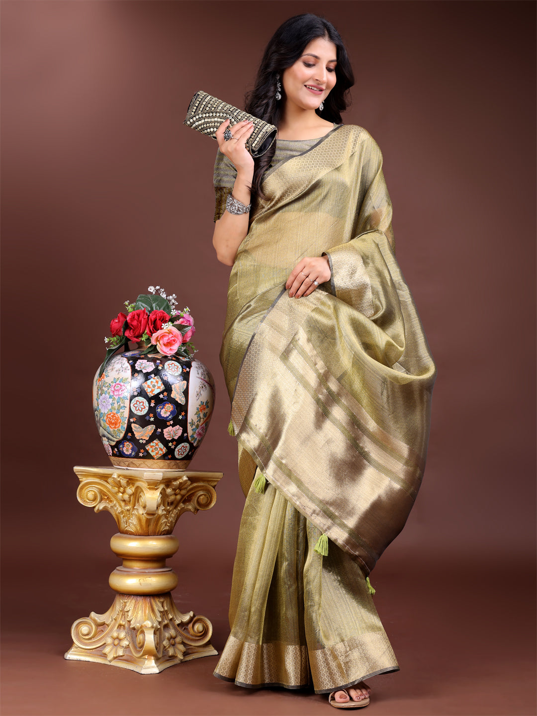 Shree Shyam Fashion Mehndi Green Organza Woven Zari Work Traditional Tassel Saree