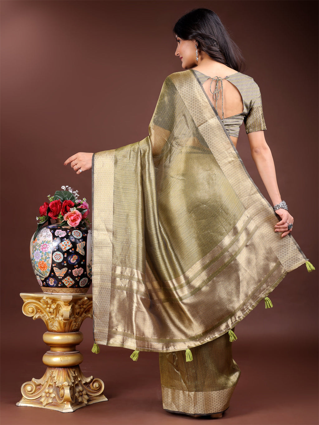 Shree Shyam Fashion Mehndi Green Organza Woven Zari Work Traditional Tassel Saree