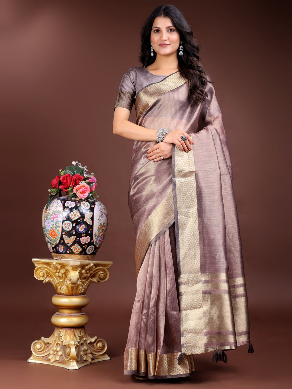 Shree Shyam Fashion Purple Organza Woven Zari Work Traditional Tassel Saree