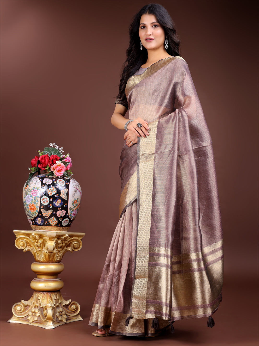 Shree Shyam Fashion Purple Organza Woven Zari Work Traditional Tassel Saree