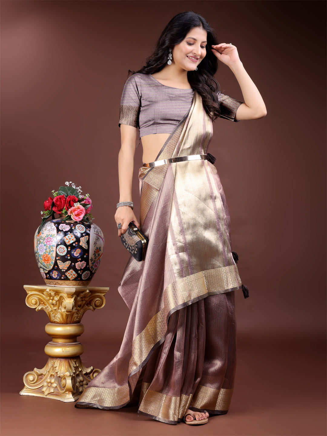 Shree Shyam Fashion Purple Organza Woven Zari Work Traditional Tassel Saree