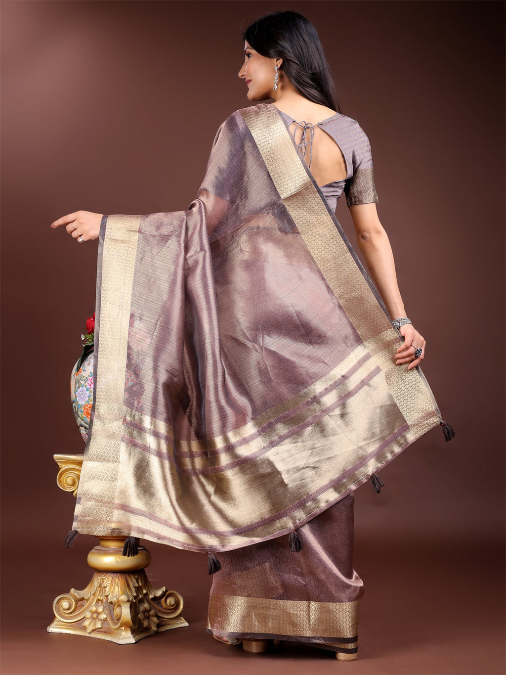 Shree Shyam Fashion Purple Organza Woven Zari Work Traditional Tassel Saree