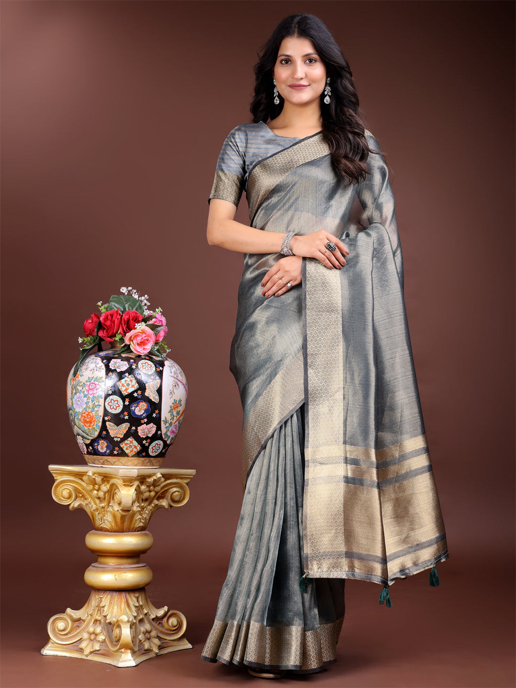 Shree Shyam Fashion Silver Organza Woven Zari Work Traditional Tassel Saree