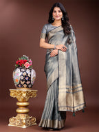 Shree Shyam Fashion Silver Organza Woven Zari Work Traditional Tassel Saree