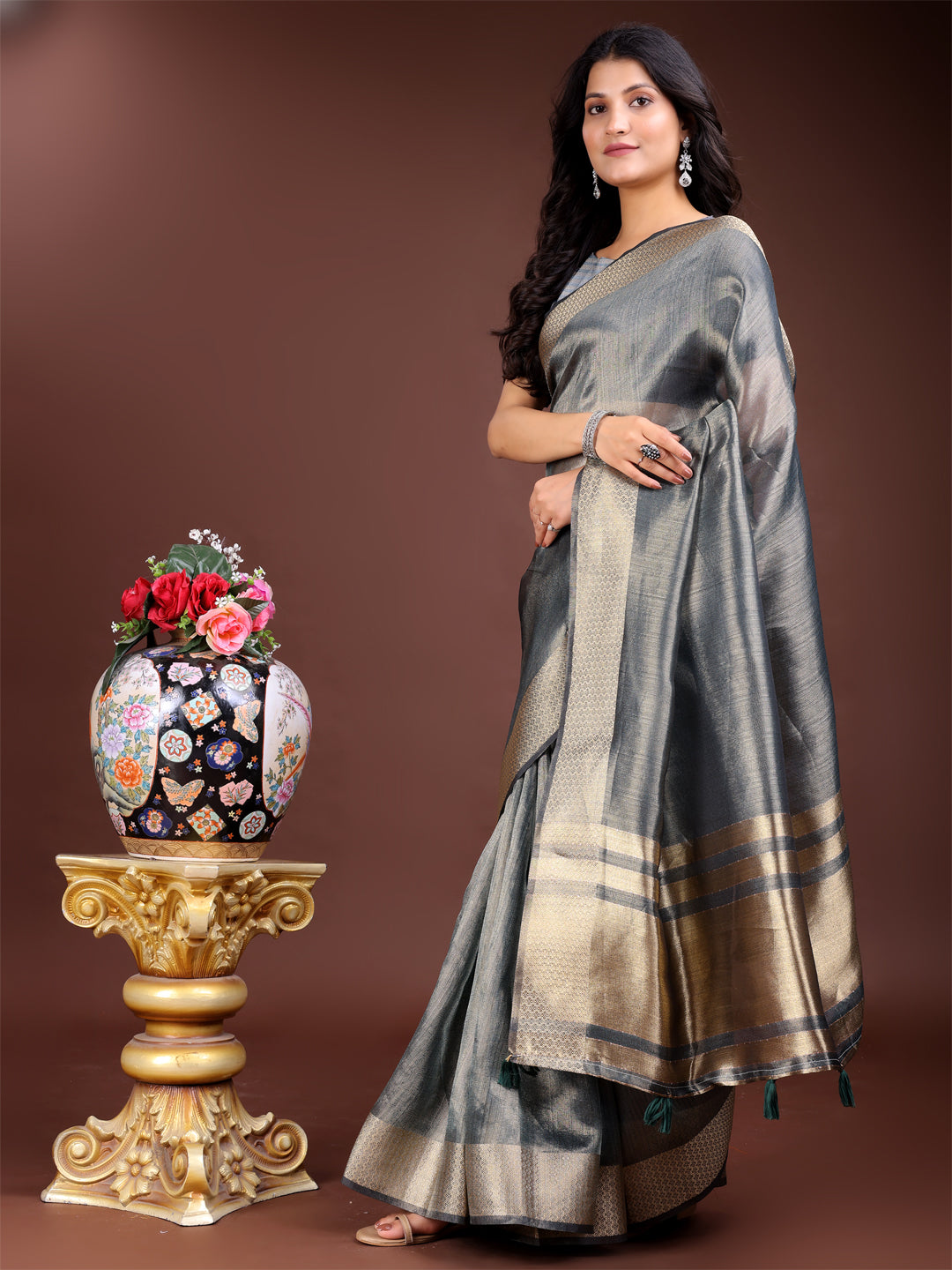 Shree Shyam Fashion Silver Organza Woven Zari Work Traditional Tassel Saree
