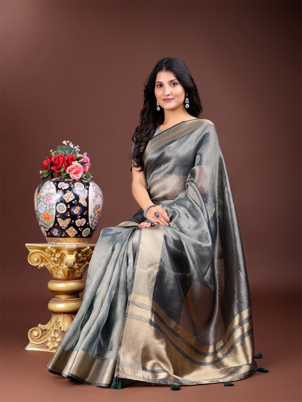 Shree Shyam Fashion Silver Organza Woven Zari Work Traditional Tassel Saree