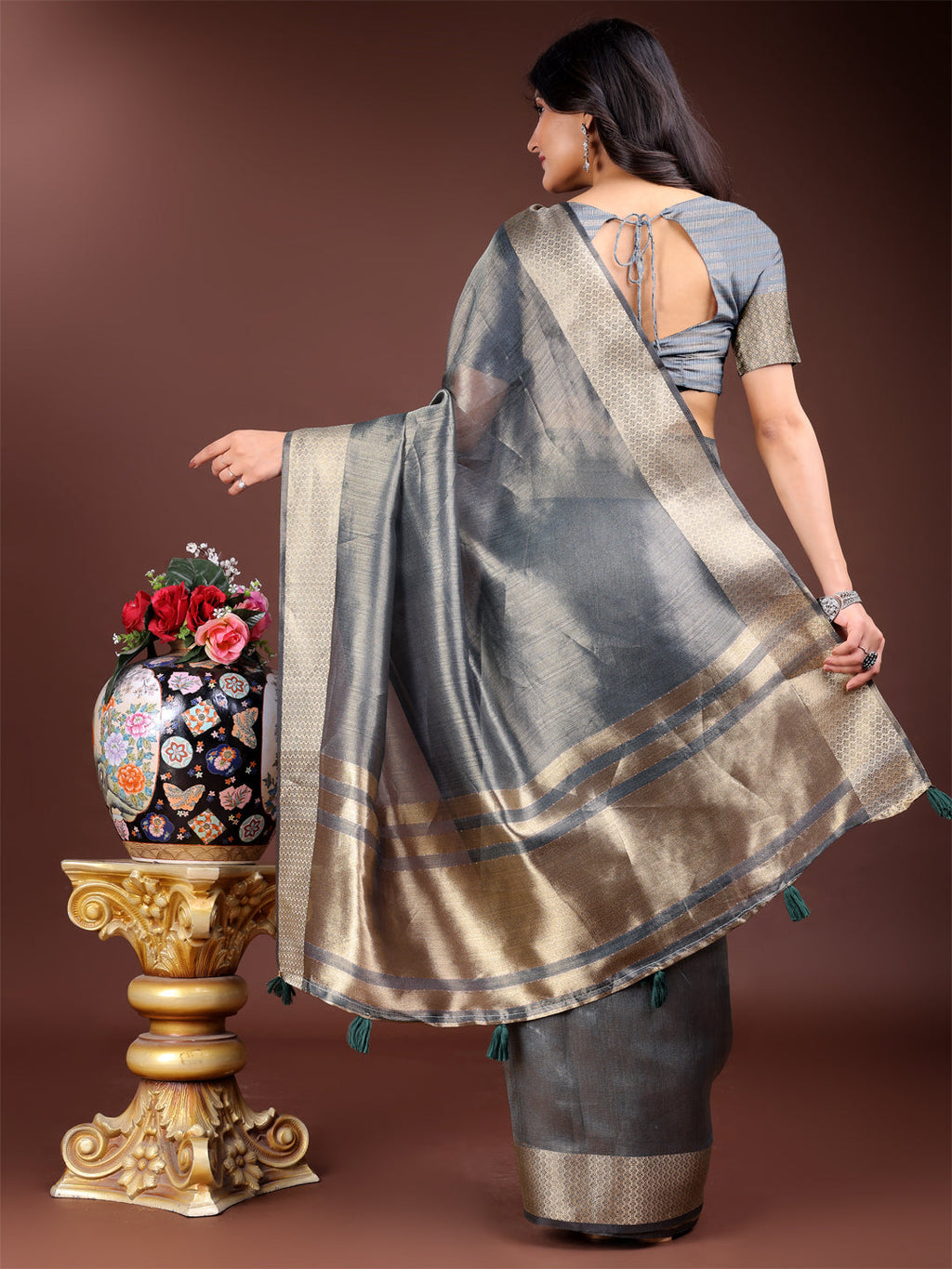 Shree Shyam Fashion Silver Organza Woven Zari Work Traditional Tassel Saree