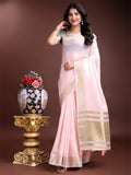 Shree Shyam Fashion Elegant Light Pink Woven Linen Saree with Contrast Zari Border & Tassels - Soft & Breathable Party Wear