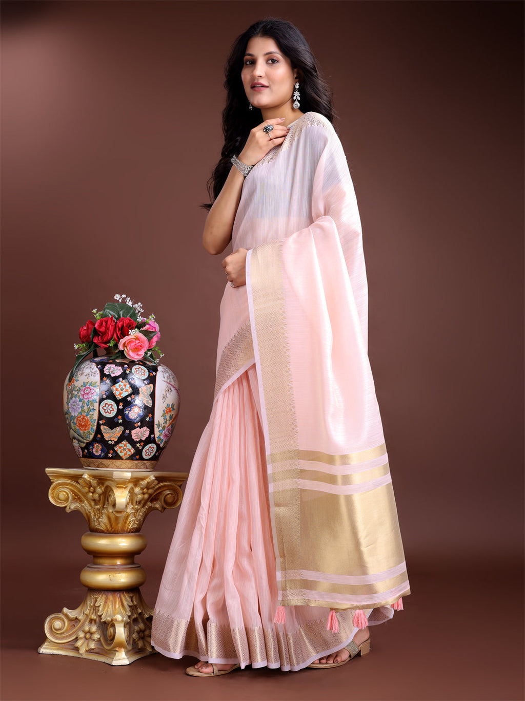 Shree Shyam Fashion Elegant Light Pink Woven Linen Saree with Contrast Zari Border & Tassels - Soft & Breathable Party Wear
