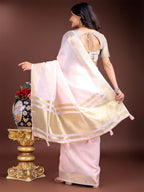 Shree Shyam Fashion Elegant Light Pink Woven Linen Saree with Contrast Zari Border & Tassels - Soft & Breathable Party Wear