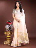 Shree Shyam Fashion Elegant Peach Woven Linen Saree with Contrast Zari Border & Tassels - Soft & Breathable Party Wear