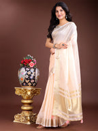 Shree Shyam Fashion Elegant Peach Woven Linen Saree with Contrast Zari Border & Tassels - Soft & Breathable Party Wear