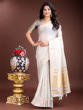 Shree Shyam Fashion Elegant Grey Woven Linen Saree with Contrast Zari Border & Tassels - Soft & Breathable Party Wear