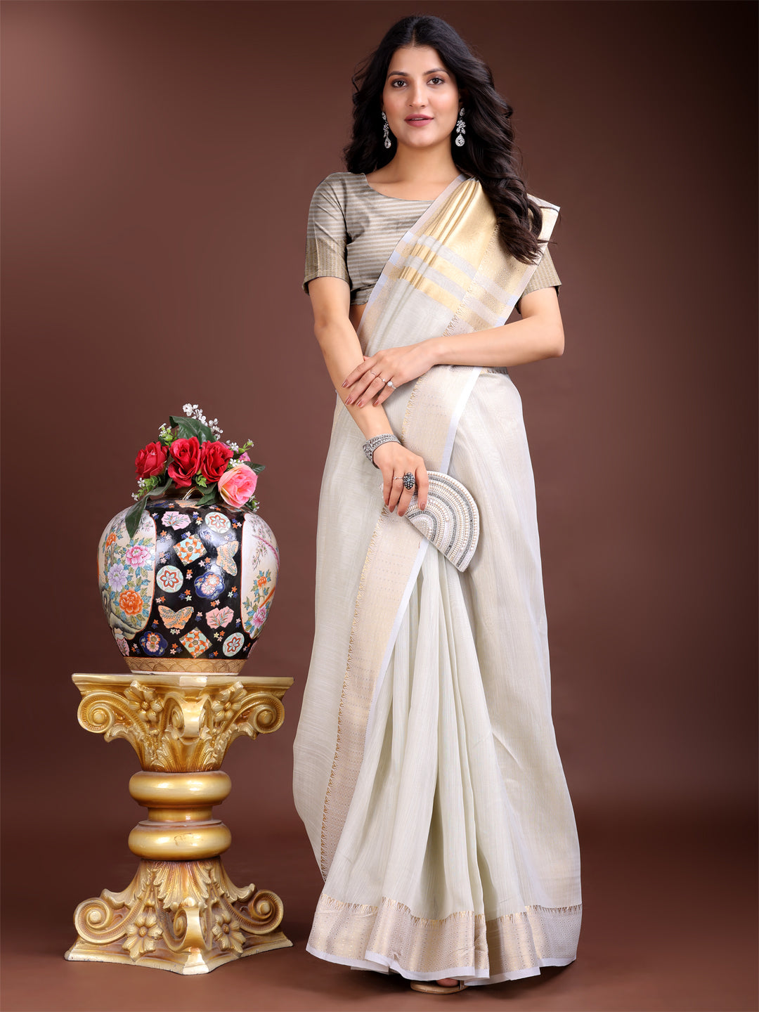 Shree Shyam Fashion Elegant Grey Woven Linen Saree with Contrast Zari Border & Tassels - Soft & Breathable Party Wear