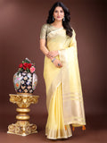 Shree Shyam Fashion Elegant Yellow Woven Linen Saree with Contrast Zari Border & Tassels - Soft & Breathable Party Wear