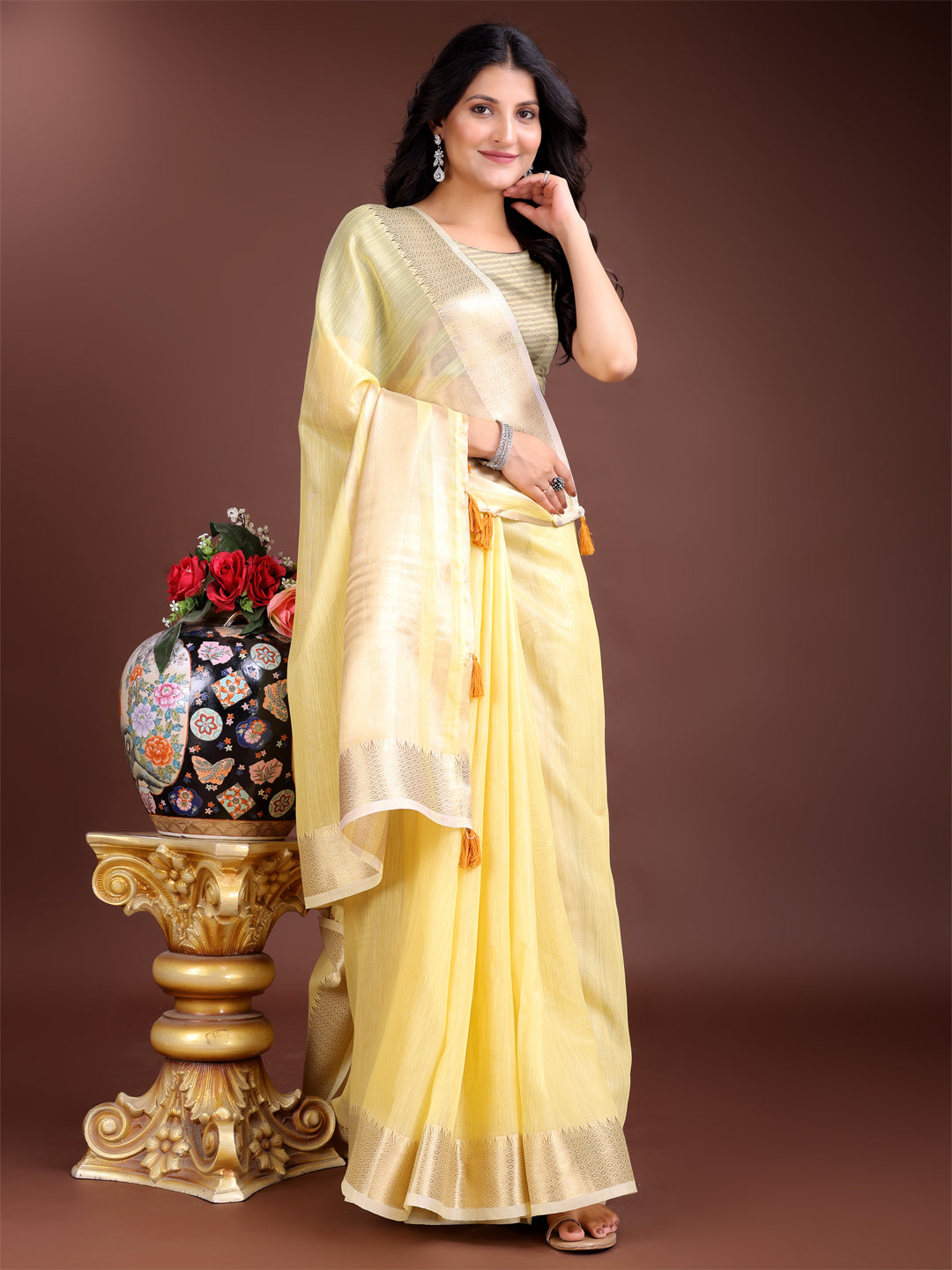 Shree Shyam Fashion Elegant Yellow Woven Linen Saree with Contrast Zari Border & Tassels - Soft & Breathable Party Wear