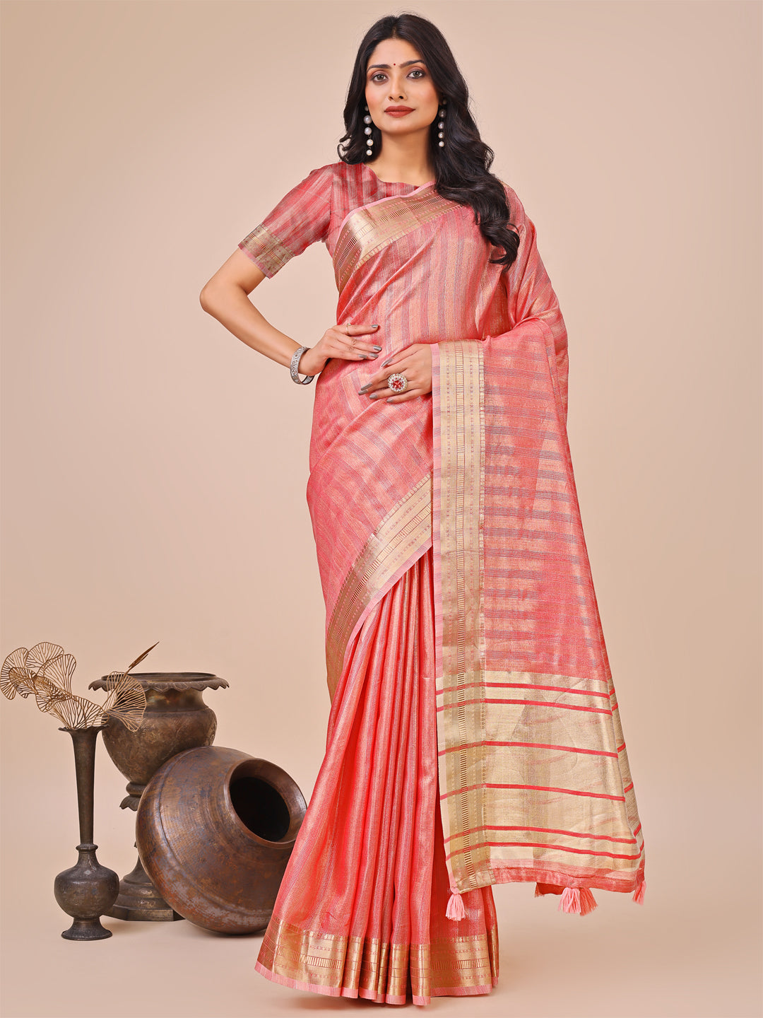 Shree Shyam Fashion Orange Organza Woven Zari Work Traditional Tassel Saree