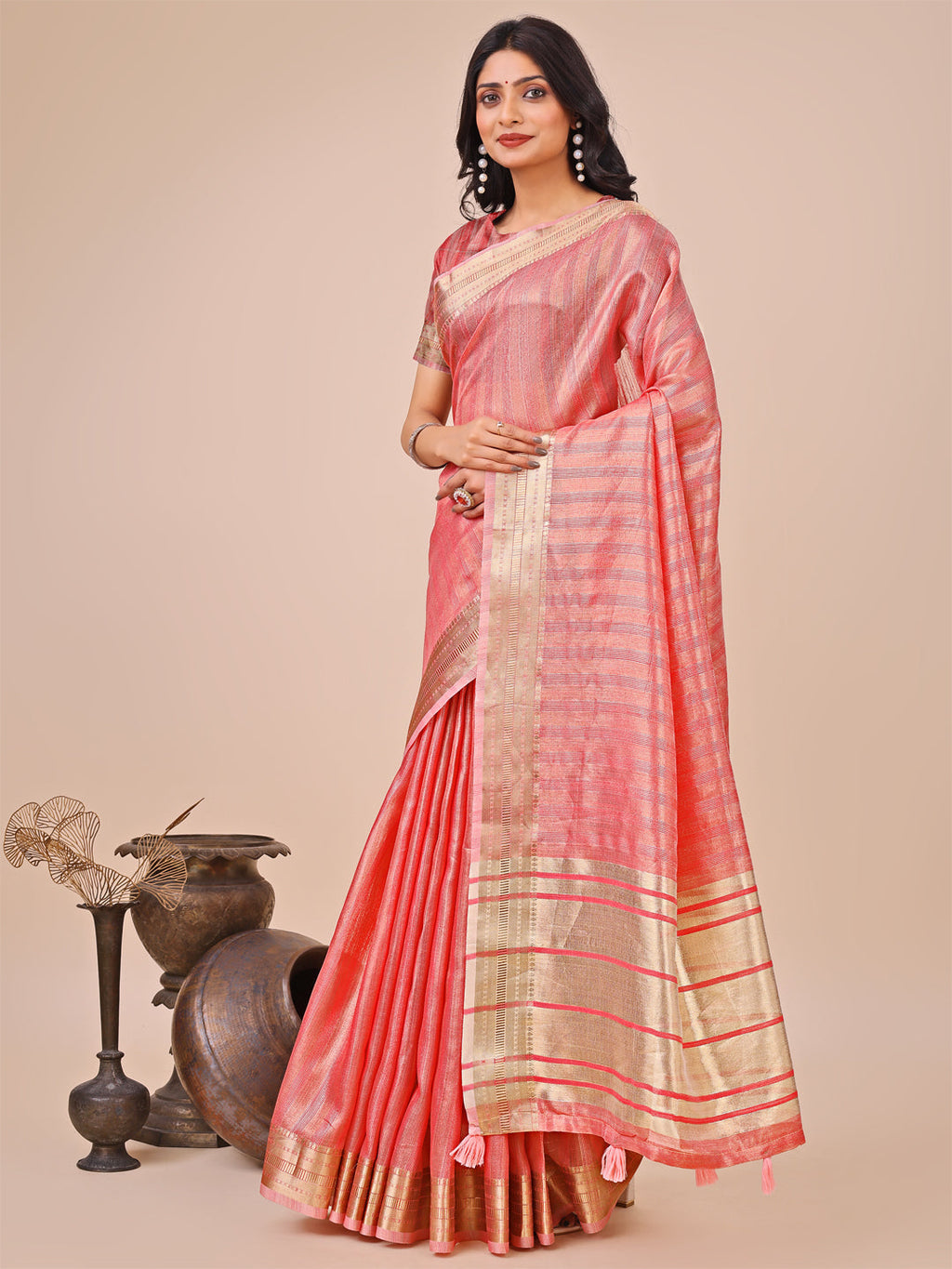 Shree Shyam Fashion Orange Organza Woven Zari Work Traditional Tassel Saree