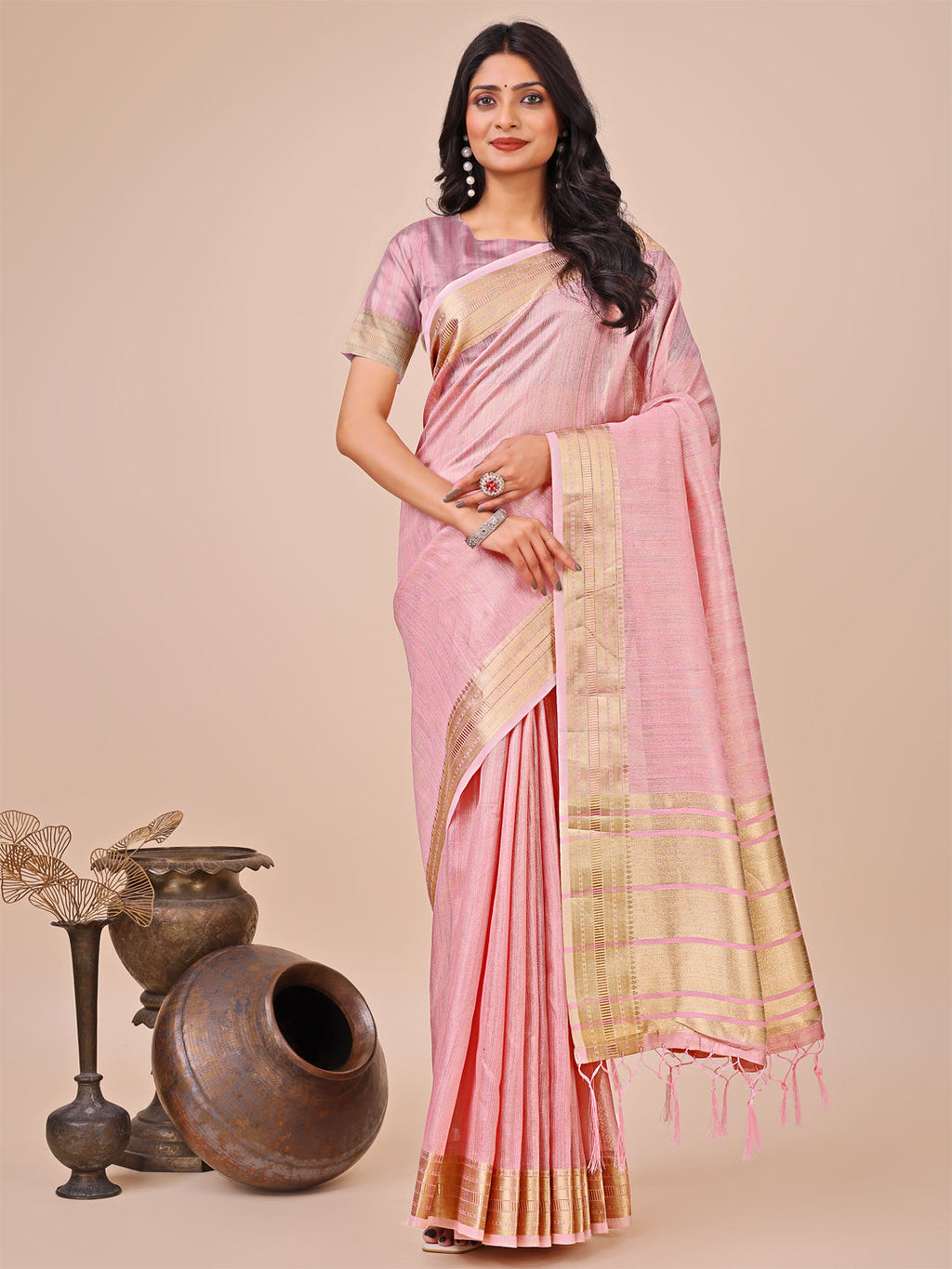 Shree Shyam Fashion Peach Organza Woven Zari Work Traditional Tassel Saree